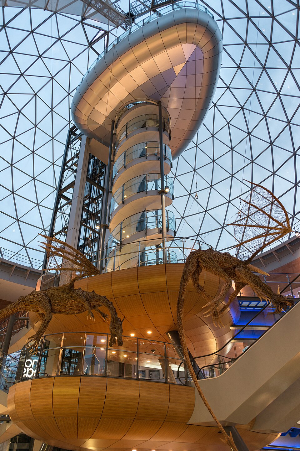 Looking up at the glass lift and dome inside Victoria Square, Belfast